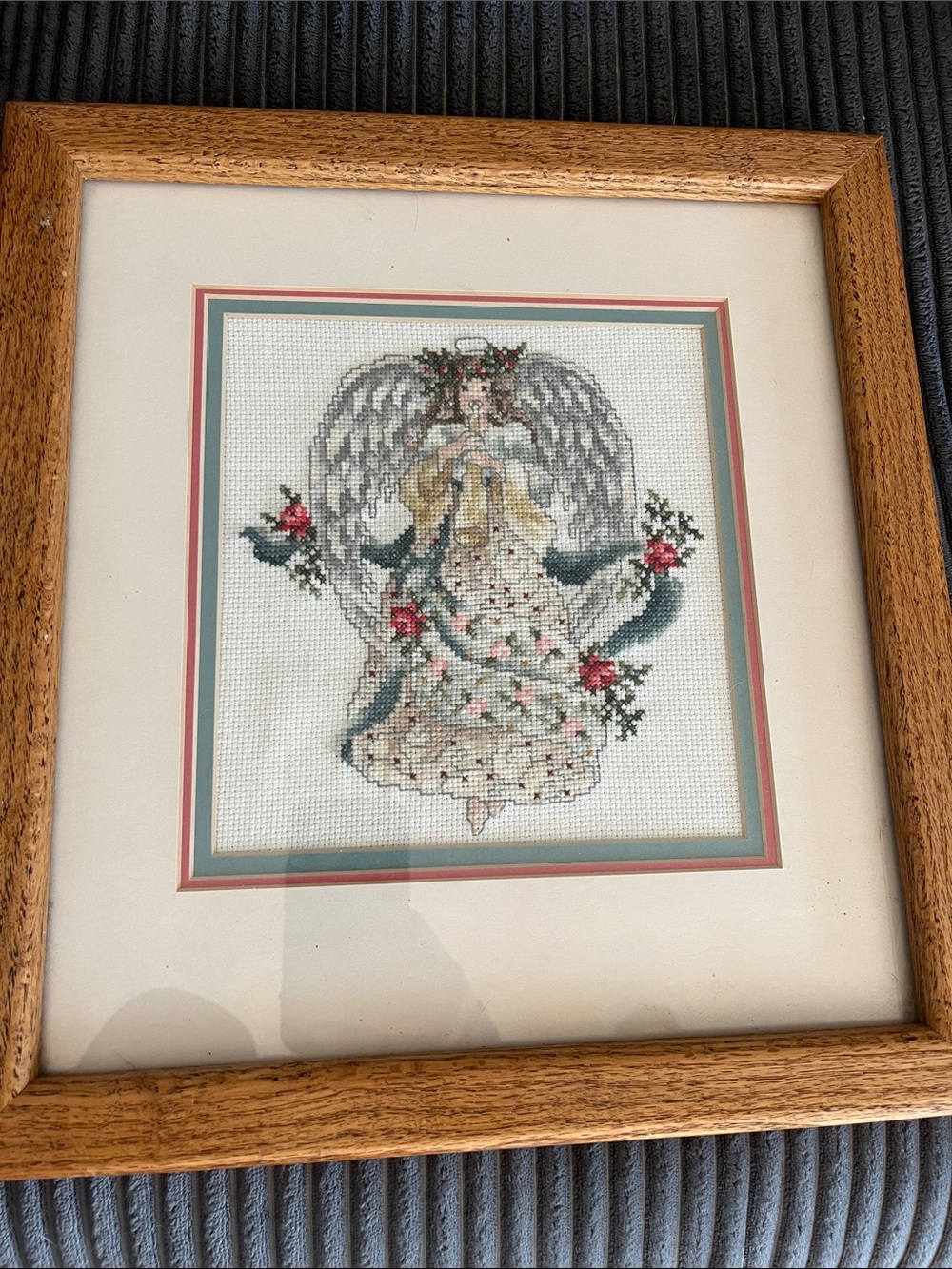 Framed Cross Stitch Angel Wall Art in Neutral and Teal